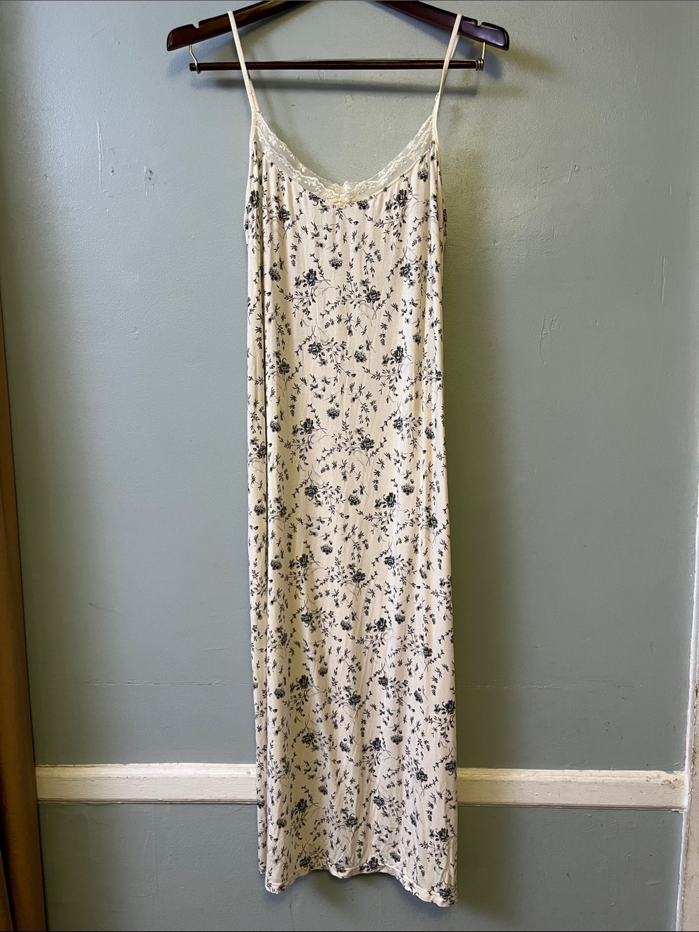 Y2K 2005 GAP Cream Modal Maxi Slip Dress with Black Floral Print